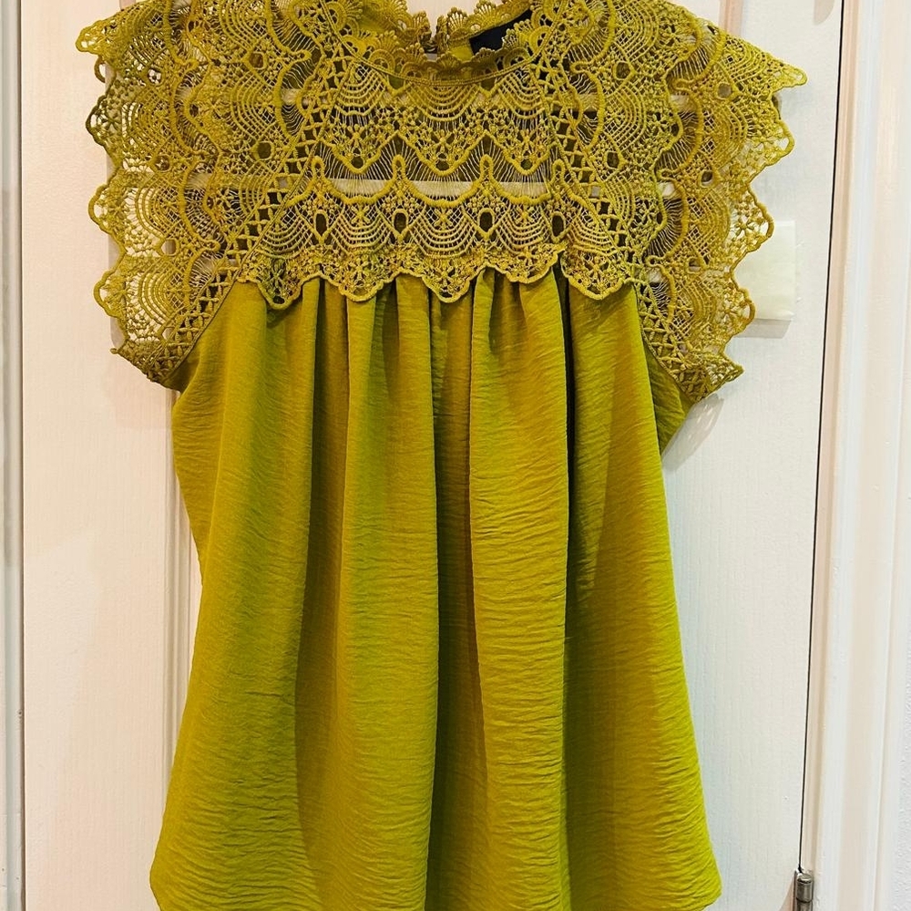 Lace Yoke Flutter Sleeve Blouse in Olive Green